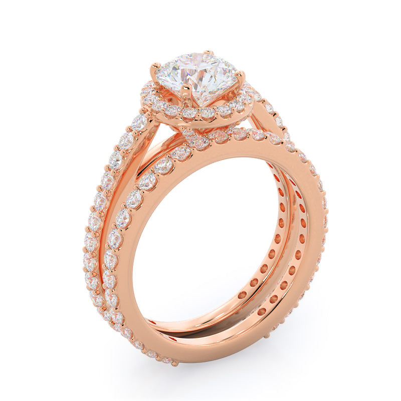 Pave Diamond Halo Wedding Band with 18KT Rose Gold Cut Diamond in 14KT Rose Gold view 3
