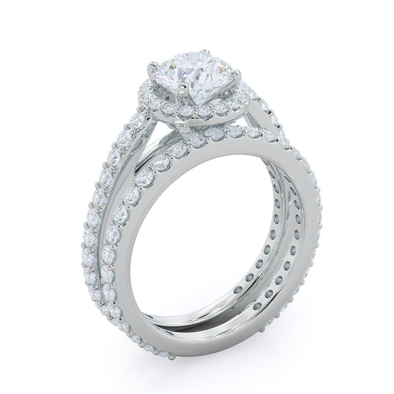 Pave Diamond Halo Wedding Band with 18KT White Gold Cut Diamond in 14KT White Gold view 3
