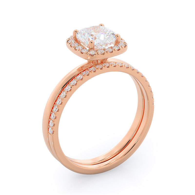 Plain Shank Halo Diamond Wedding Band with 18KT Rose Gold Cut Diamond in 14KT Rose Gold view 3
