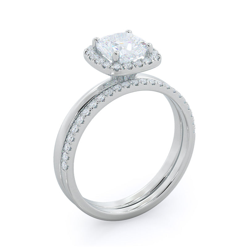 Plain Shank Halo Diamond Wedding Band with 18KT White Gold Cut Diamond in 14KT White Gold view 3
