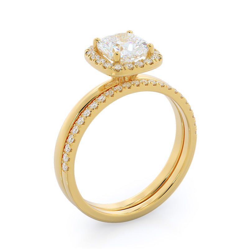 Plain Shank Halo Diamond Wedding Band with 18KT Yellow Gold Cut Diamond in 14KT Yellow Gold view 3
