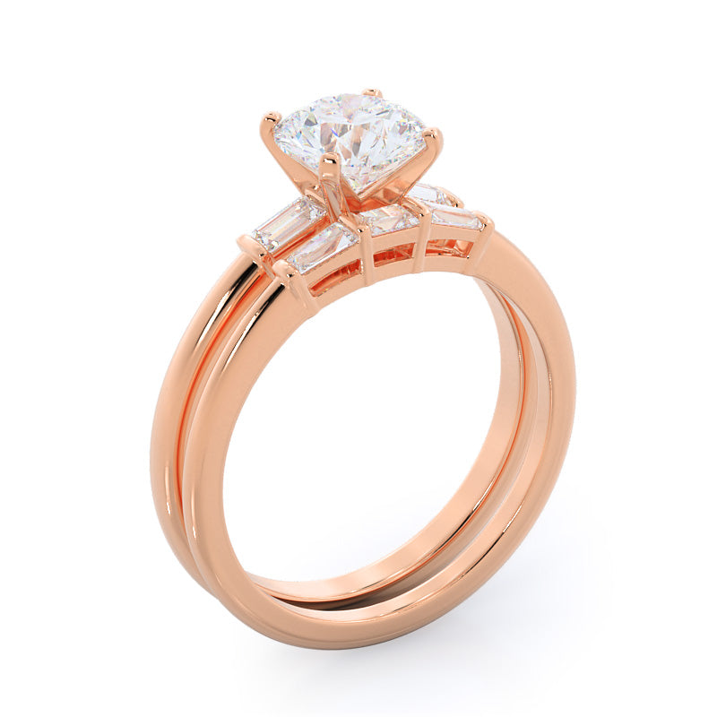 Three Stone Baguette Diamond Wedding Band with 18KT Rose Gold Cut Diamond in 14KT Rose Gold view 3
