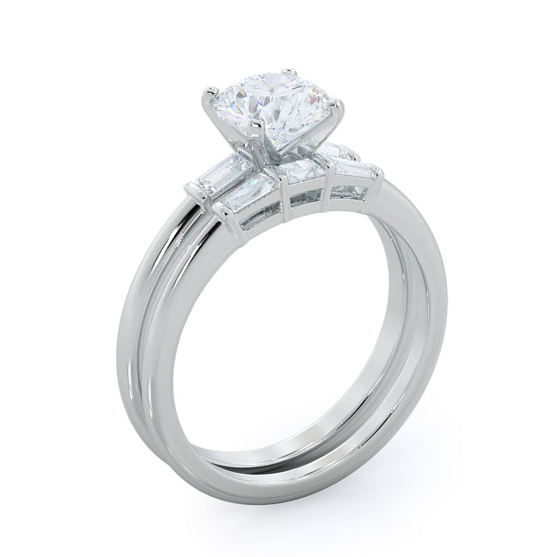 Three Stone Baguette Engagement Ring with Round Cut Diamond in 14KT Platinum view 4

