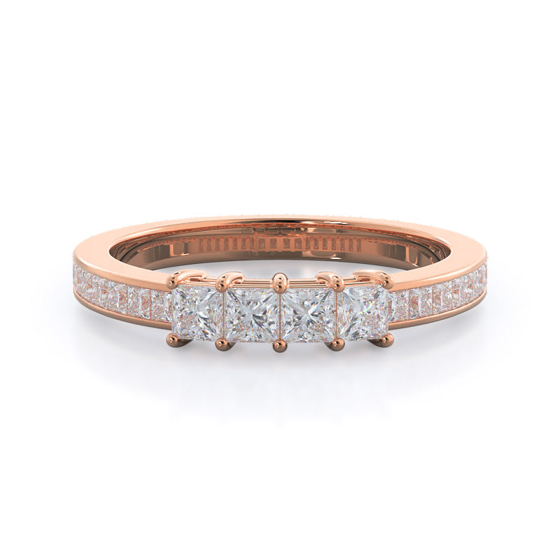 Three Stone Princess Studded Diamond Wedding Band with 18KT Rose Gold Cut Diamond in 14KT Rose Gold view 1
