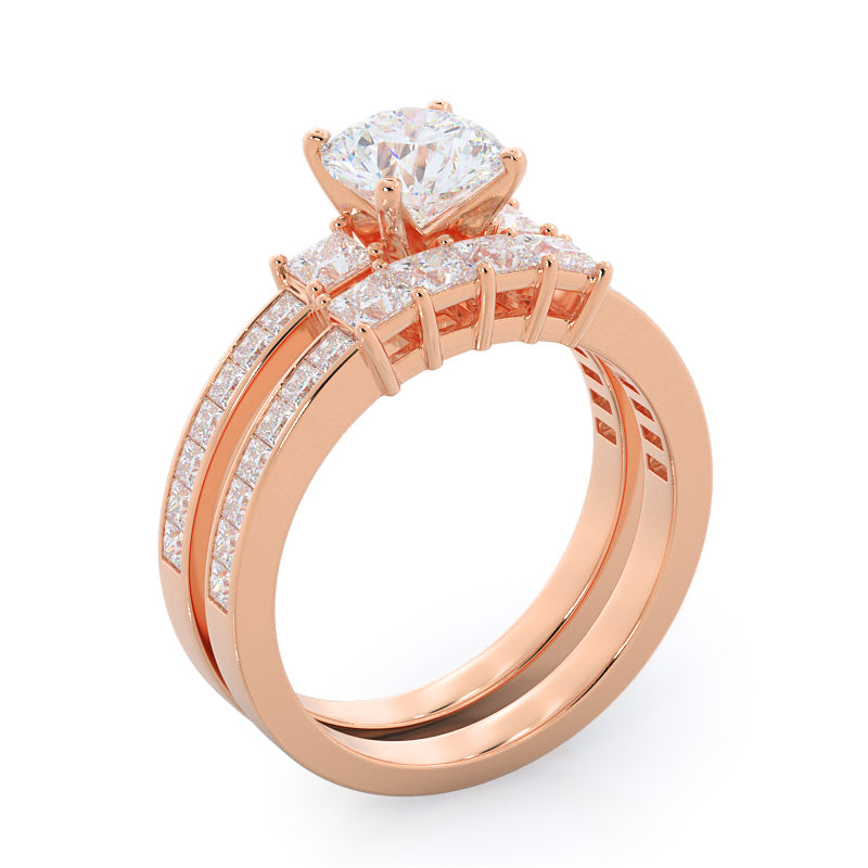 Three Stone Princess Studded Diamond Wedding Band with 18KT Rose Gold Cut Diamond in 14KT Rose Gold view 3
