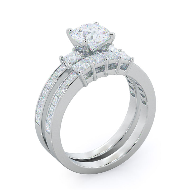 Three Stone Princess Studded Diamond Wedding Band with 18KT White Gold Cut Diamond in 14KT White Gold view 3
