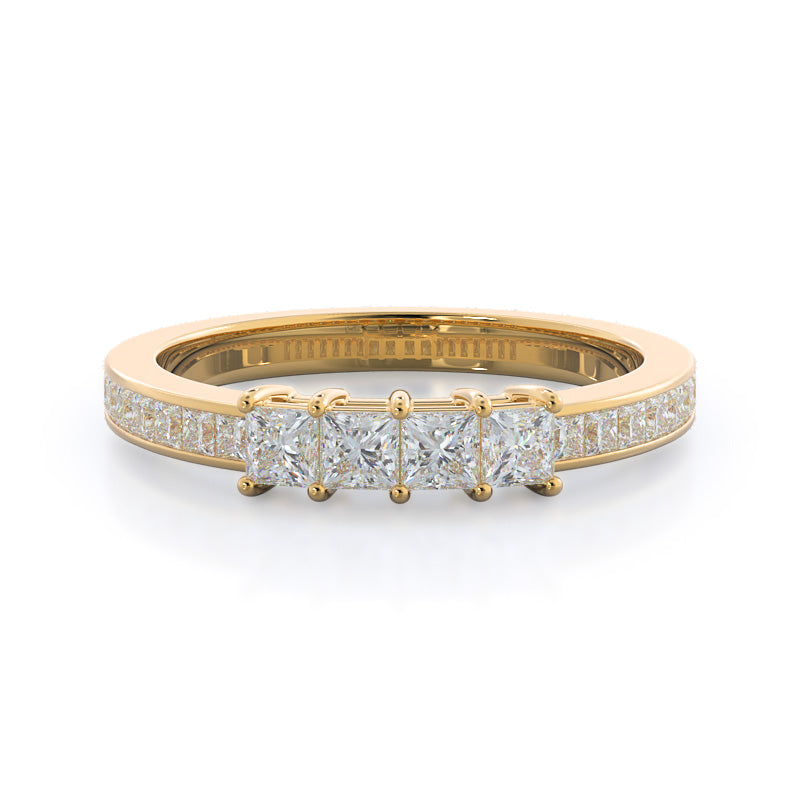 Three Stone Princess Studded Diamond Wedding Band with 18KT Yellow Gold Cut Diamond in 14KT Yellow Gold view 1
