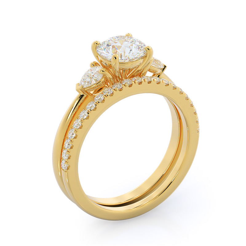 Three Stone Pear Engagement Ring with Round Cut Diamond in 14KT Yellow Gold view 4
