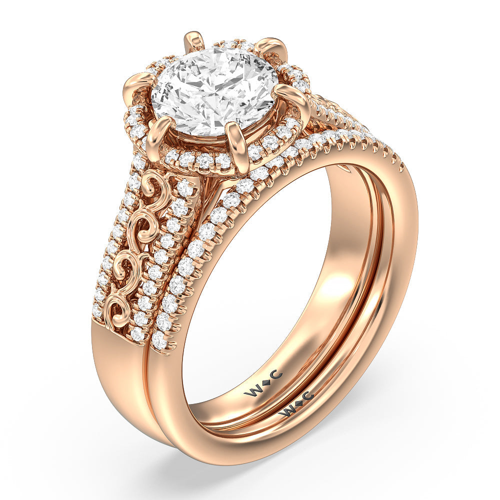 Vintage Filigree Floral Halo Diamond Wedding Band with Lab Cut Diamond in 14KT Rose Gold view 4
