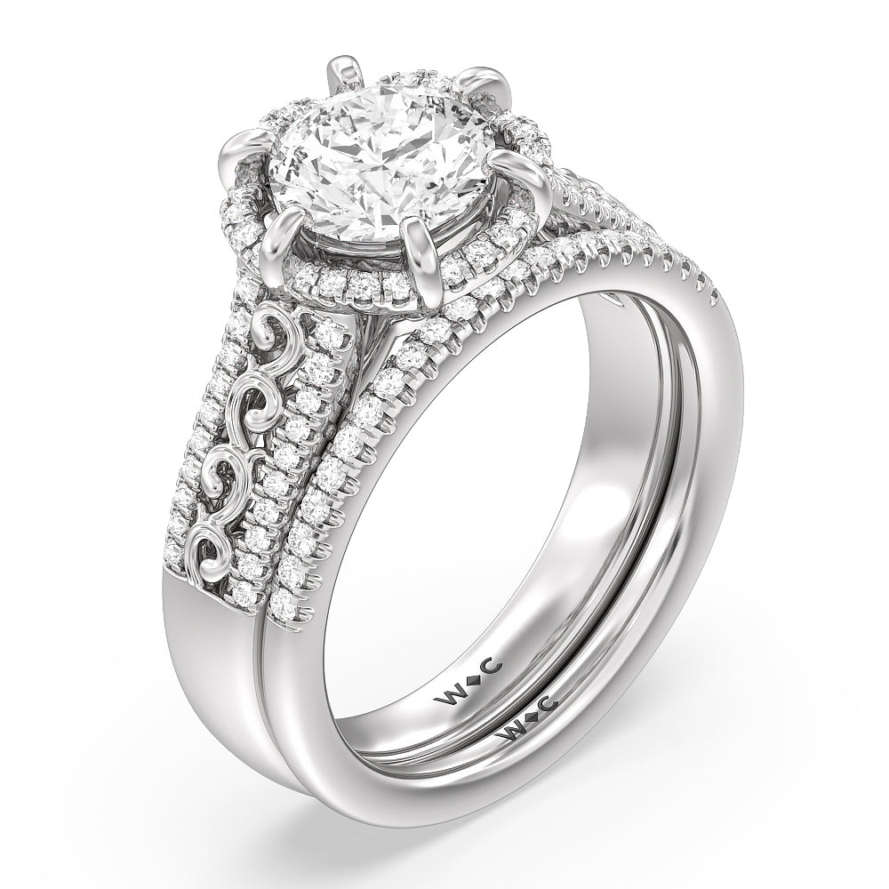 Vintage Filigree Floral Halo Diamond Wedding Band with Lab Cut Diamond in 14KT White Gold view 4
