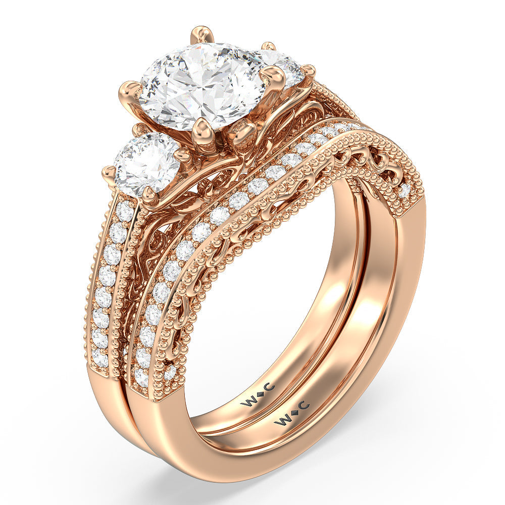 Round Cut Vintage Grapevine Scroll 3 Stone Diamond Engagement Ring with Lab Grown Diamond in 14KT Rose Gold view 4
