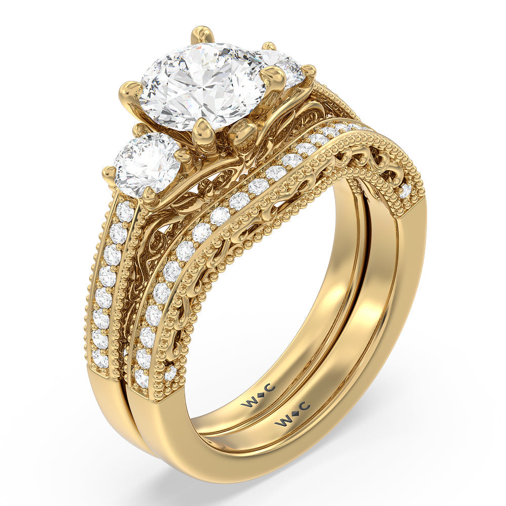 Round Cut Vintage Grapevine Scroll 3 Stone Diamond Engagement Ring with Lab Grown Diamond in 14KT Yellow Gold view 4

