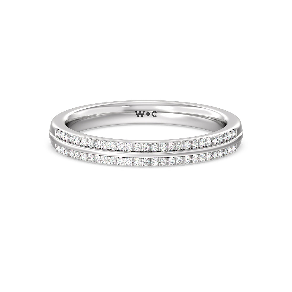 Double Row Pave Hidden Halo Diamond Wedding Band with Lab Cut Diamond in 14KT White Gold view 1
