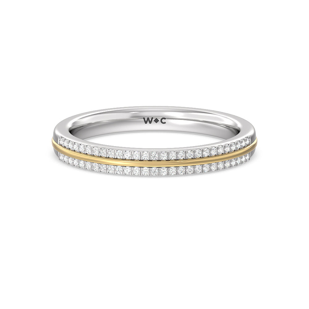 Double Row Pave Hidden Halo Diamond Wedding Band with Lab Cut Diamond in 14KT White & Yellow Gold view 1
