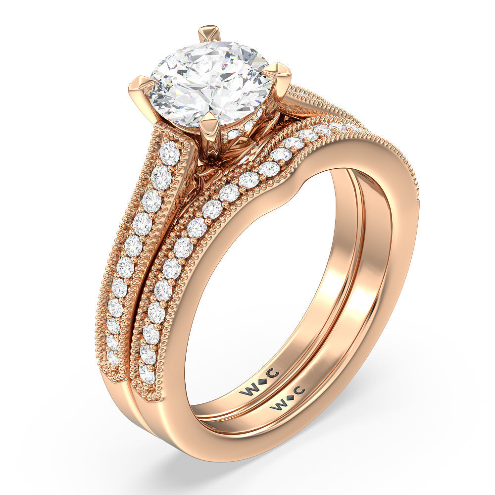 Petal Hidden Accent Milgrain Diamond Wedding Band with Lab Cut Diamond in 14KT Rose Gold view 3
