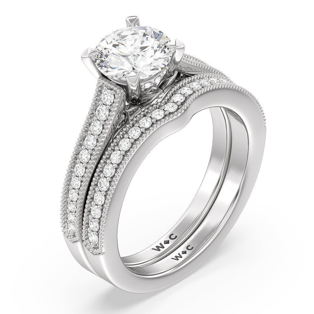 Petal Hidden Accent Milgrain Diamond Wedding Band with Lab Cut Diamond in 14KT White Gold view 3
