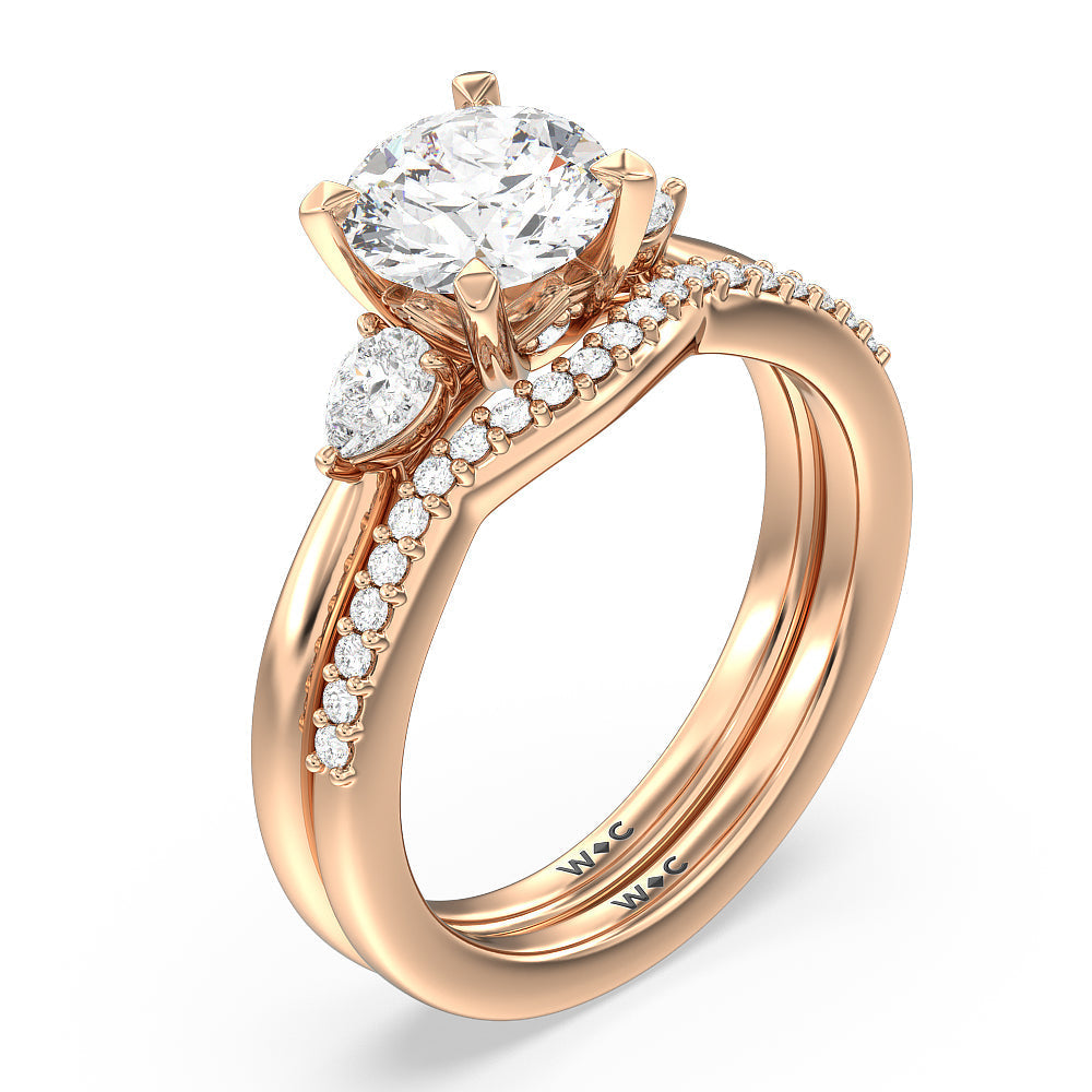 Fine Line Pear Three Stone Engagement Ring with Round Cut Diamond in 14KT Rose Gold view 4
