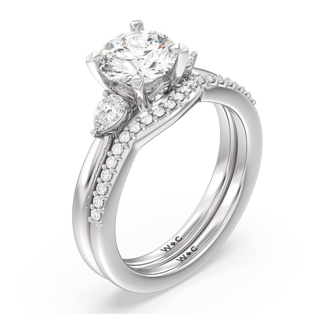 Fine Line Pear Three Stone Diamond Wedding Band with 18KT White Gold Cut Diamond in 14KT White Gold view 3
