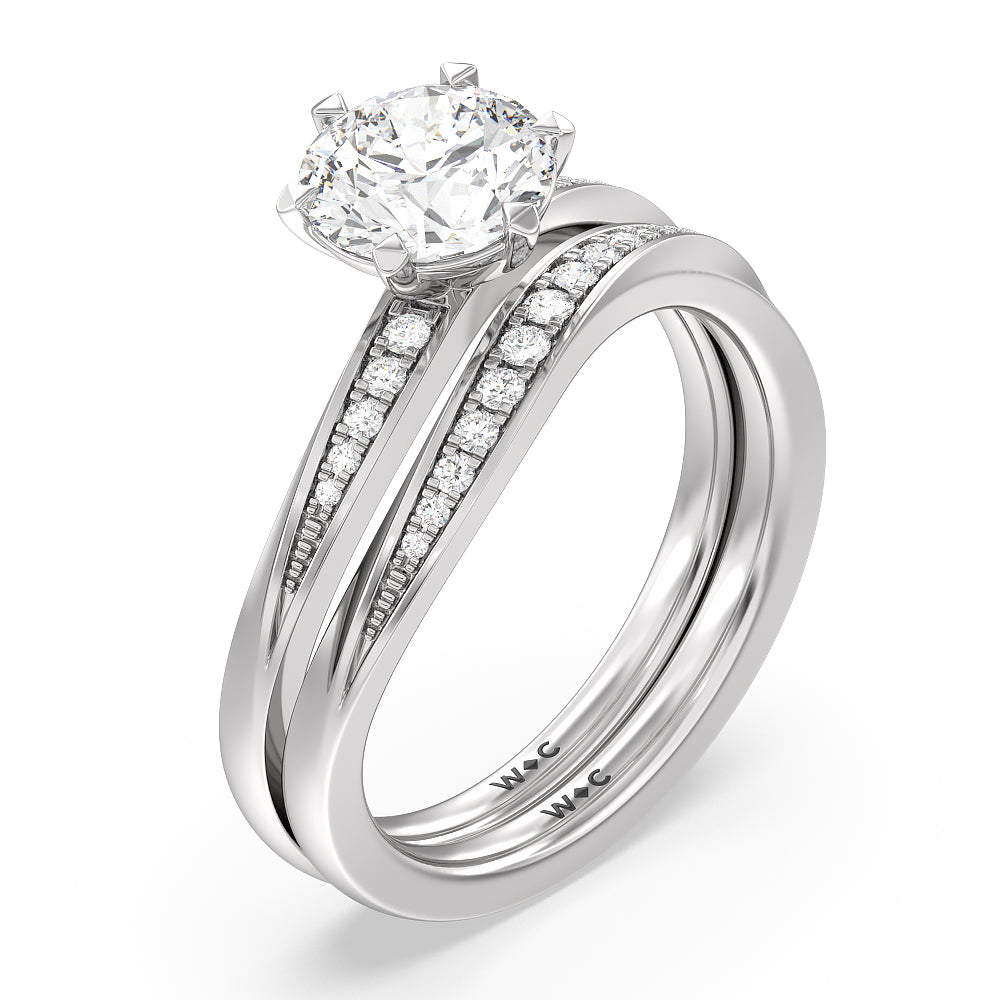 Six Prong Solitaire Wavy Diamond Shank Wedding Band with 18KT White Gold Cut Diamond in 14KT White Gold view 3
