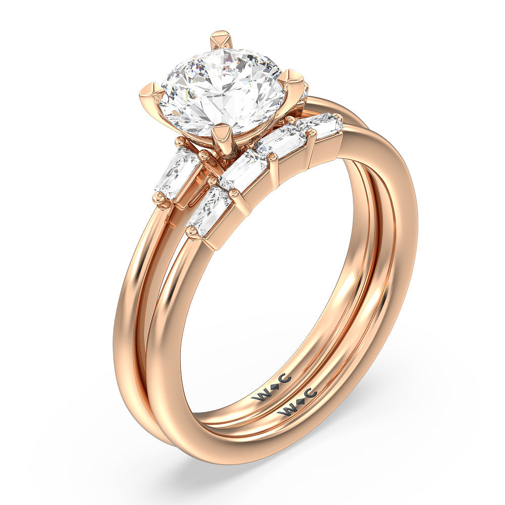 Baguette Side Stone Diamond Wedding Band with 18KT Rose Gold Cut Diamond in 14KT Rose Gold view 3
