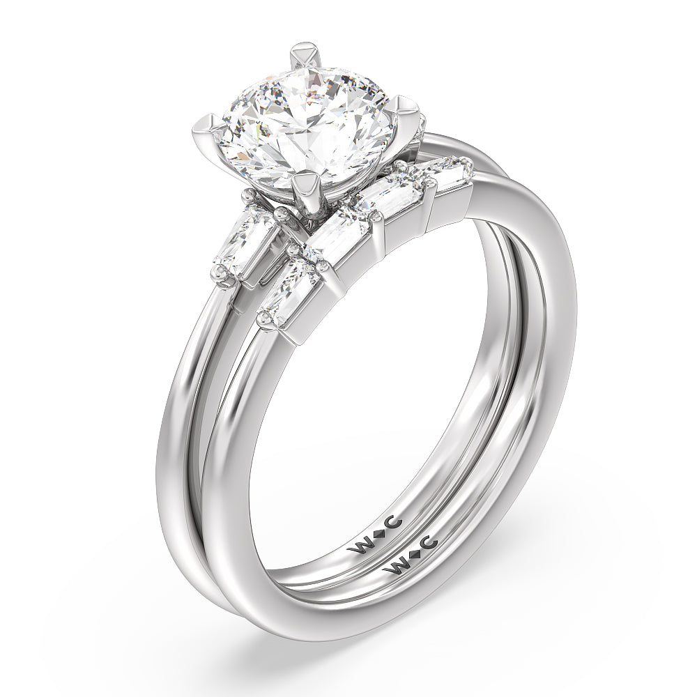 Baguette Side Stone Diamond Wedding Band with 18KT White Gold Cut Diamond in 14KT White Gold view 3
