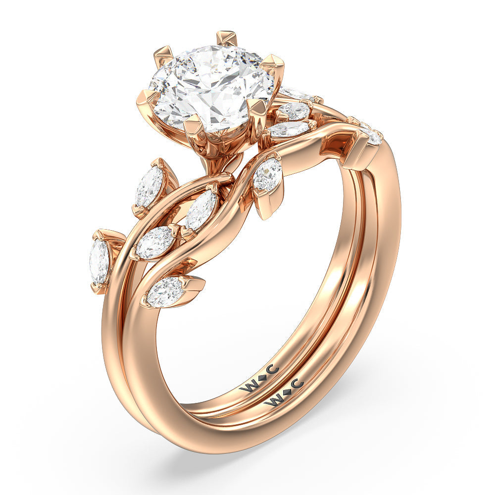 Slender Vine Six Prong Solitaire Diamond Wedding Band with 18KT Rose Gold Cut Diamond in 14KT Rose Gold view 3
