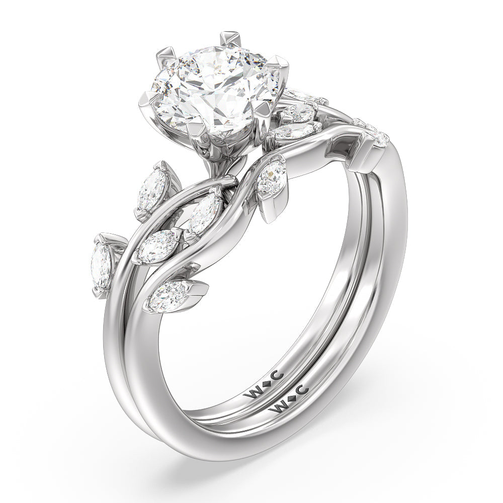 Slender Vine Six Prong Solitaire Diamond Wedding Band with 18KT White Gold Cut Diamond in 14KT White Gold view 3
