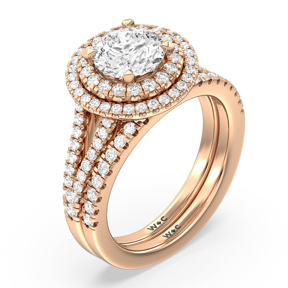 Double Halo Split Shank Cathedral Wedding Band with 18KT Rose Gold Cut Diamond in 14KT Rose Gold view 3
