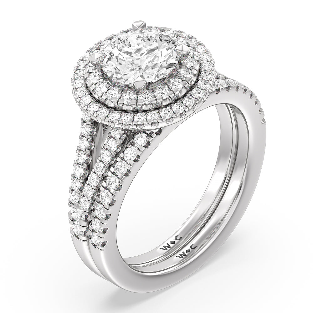 Double Halo Split Shank Cathedral Wedding Band with 18KT White Gold Cut Diamond in 14KT White Gold view 3
