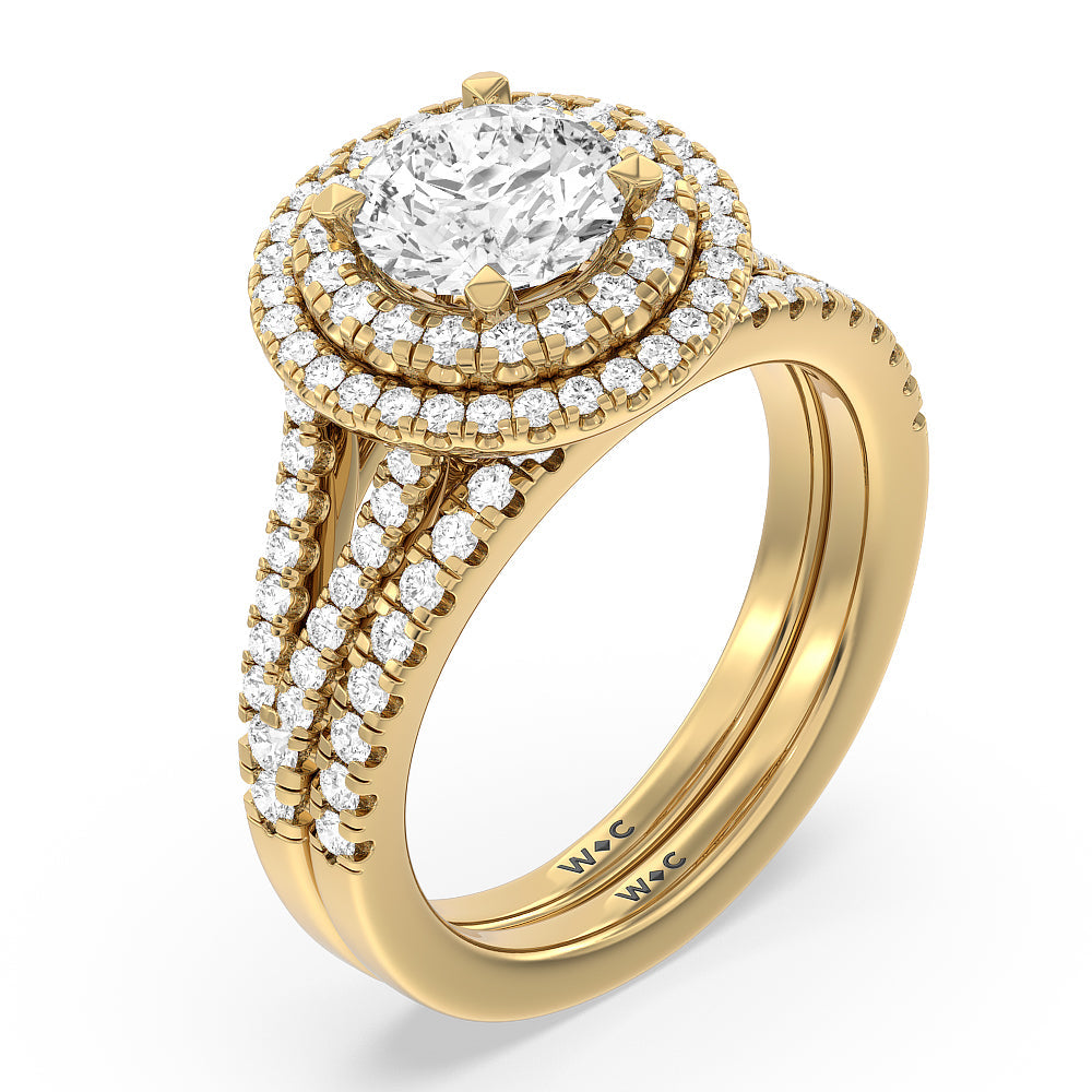 Double Halo Split Shank Cathedral Wedding Band with 18KT Yellow Gold Cut Diamond in 14KT Yellow Gold view 3
