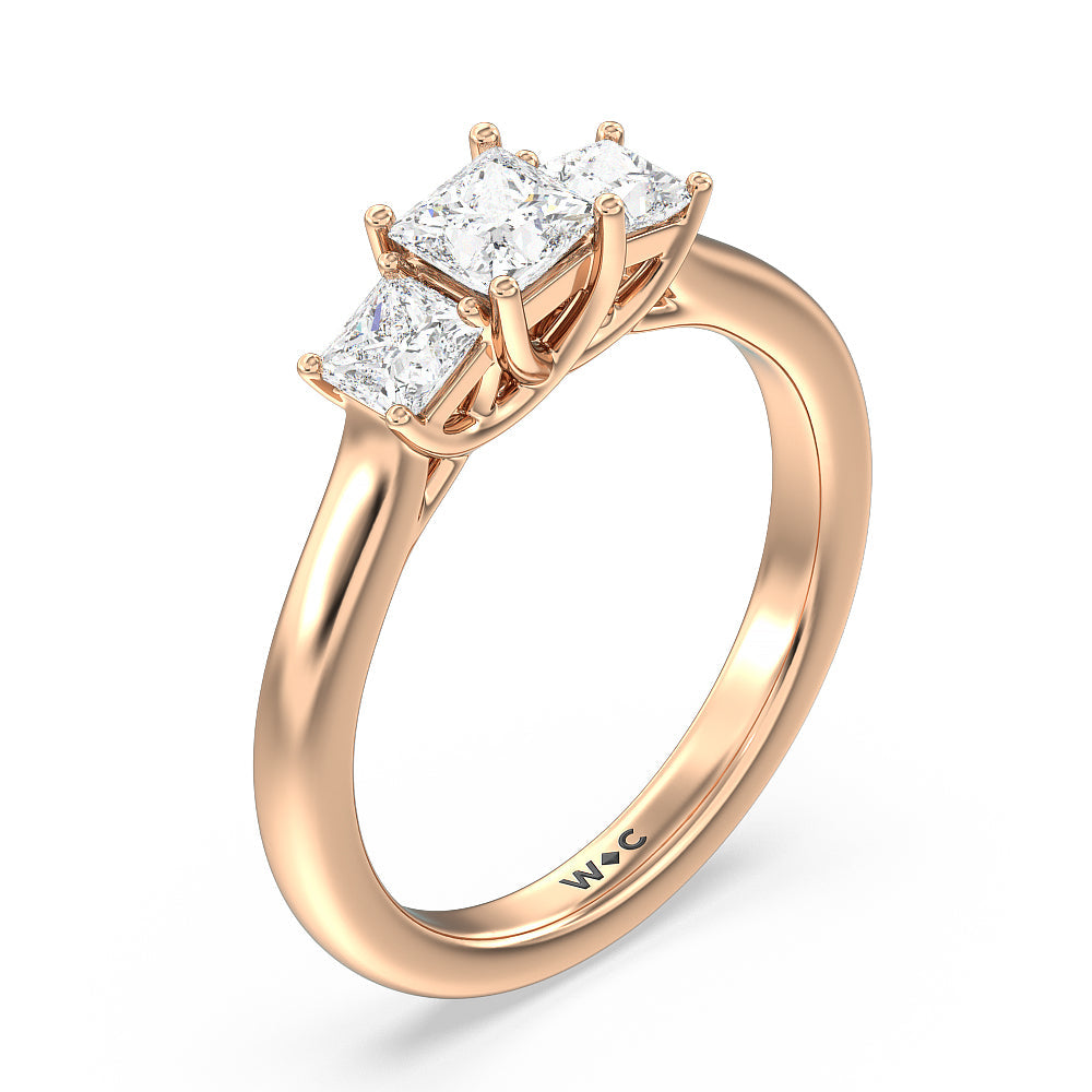 Three Stone Princess Cut Diamond Ring with 18KT Rose Gold / Lab / 1 Cut Diamond in 14KT Rose Gold / Lab / 1 view 3
