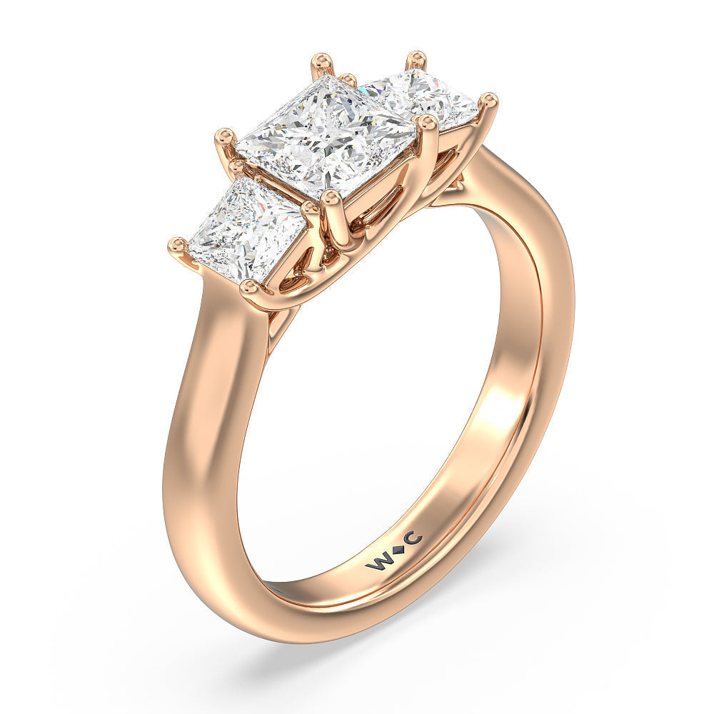 Three Stone Princess Cut Diamond Ring with 18KT Rose Gold / Lab / 2 Cut Diamond in 14KT Rose Gold / Lab / 2 view 3
